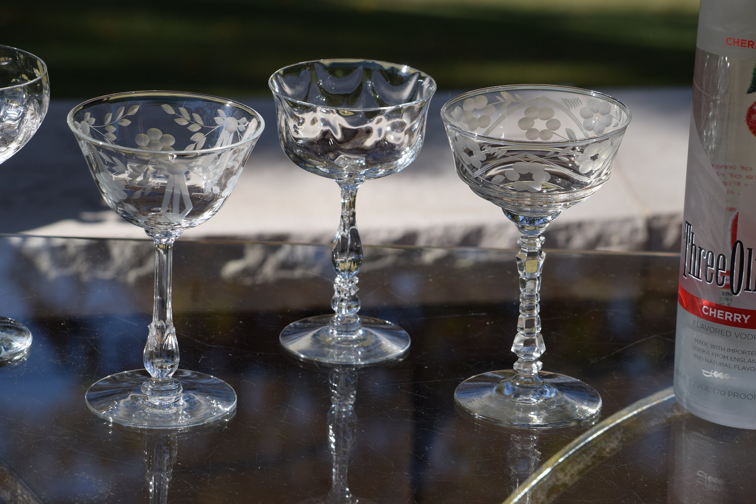 4 Vintage Etched Cocktail Martini Glasses, Set of 4 MisMatched Mixed