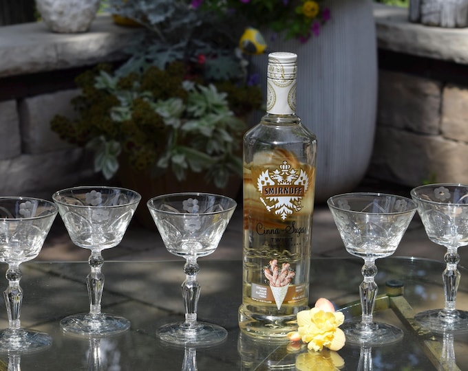 START SIPPING Your Cocktails!  5 Vintage Etched Cocktail ~ Martini Glasses, Rock Sharpe 1950's, Nick Nora Cocktail Hour, Lemon Drop Martinis