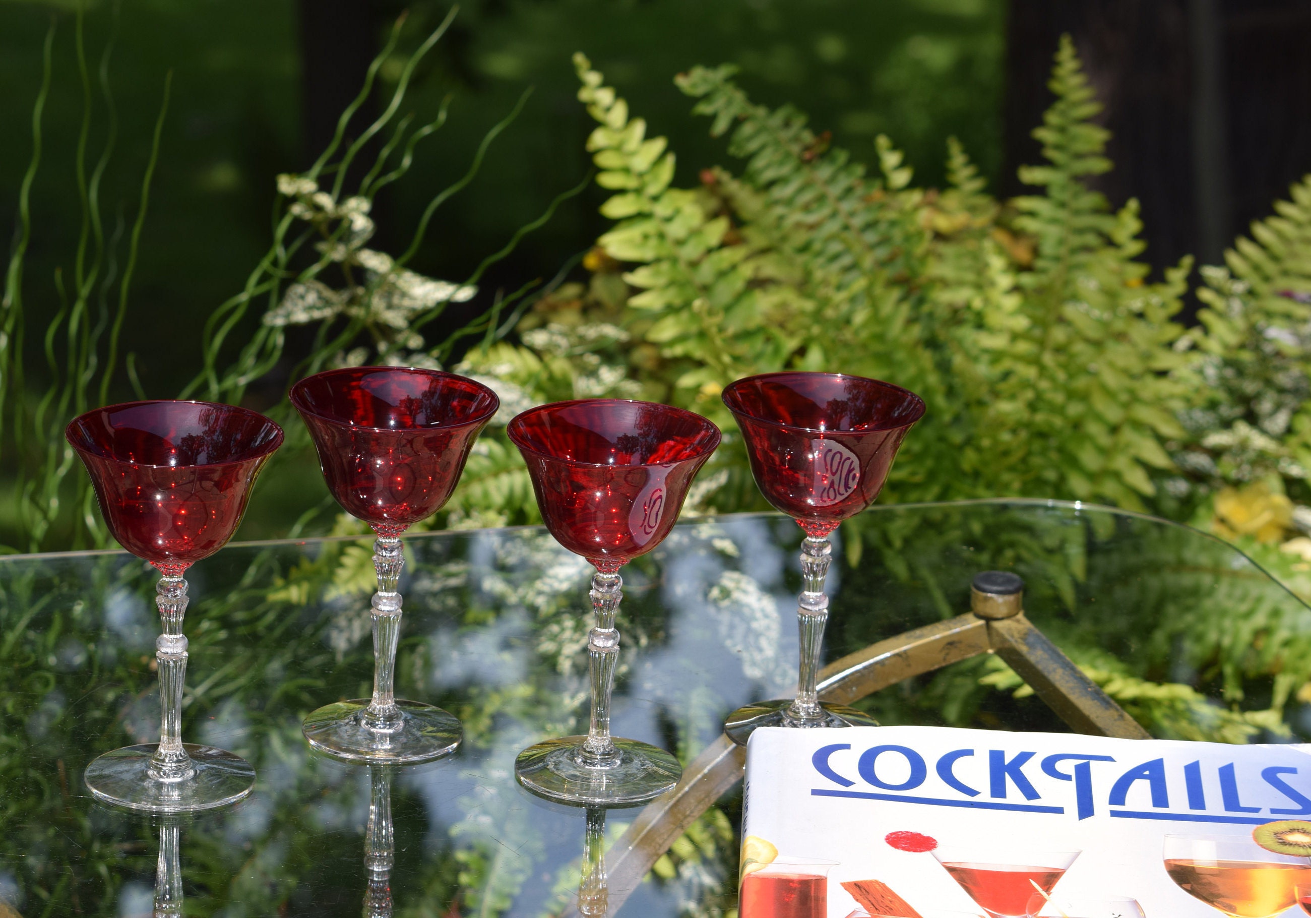 3pc - Short Stem Ruby Red and Clear Cordial Drinking Glasses