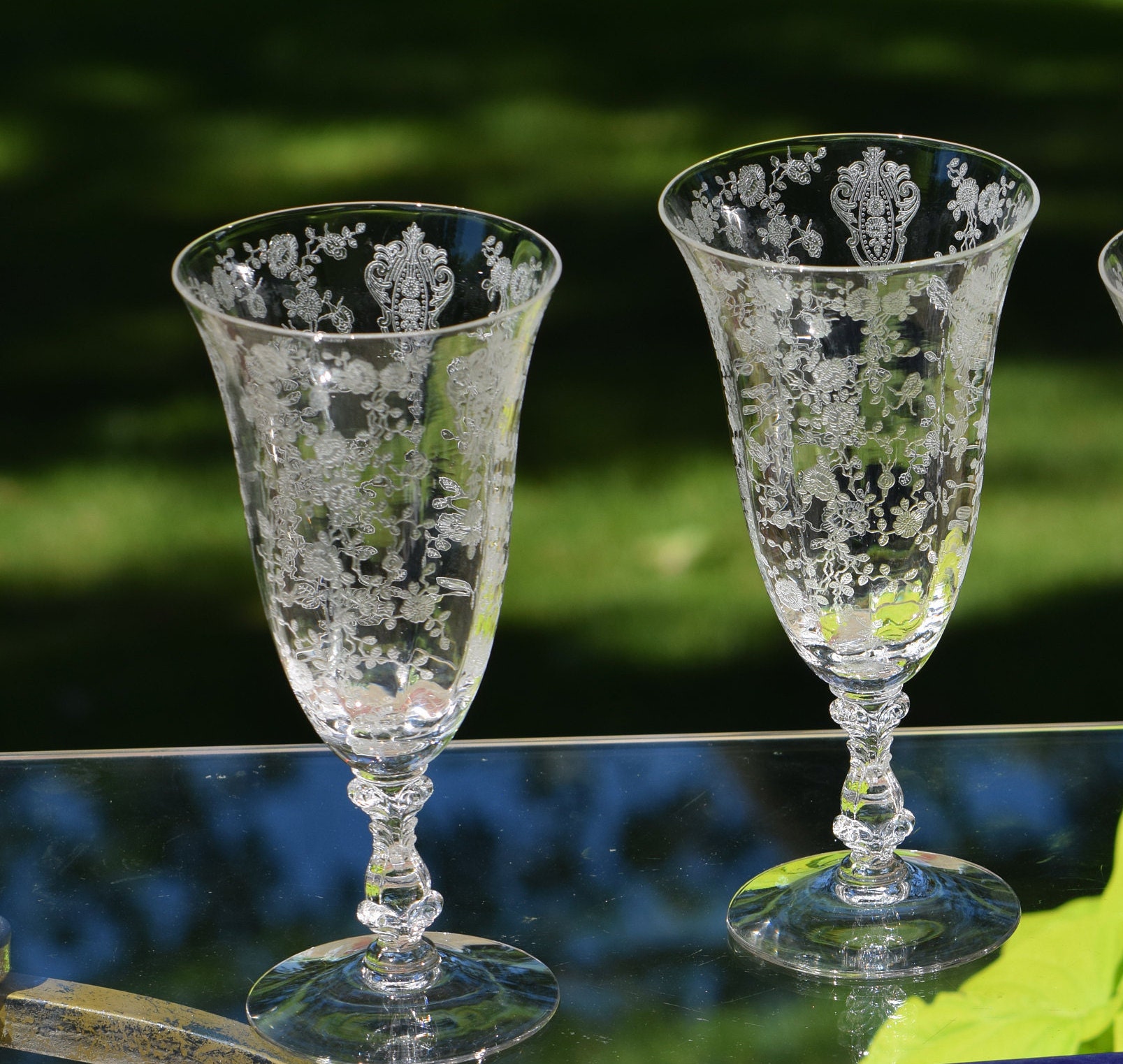 Vintage Needle Etched Optic Crystal Cocktail Ice Tea Glasses, Set