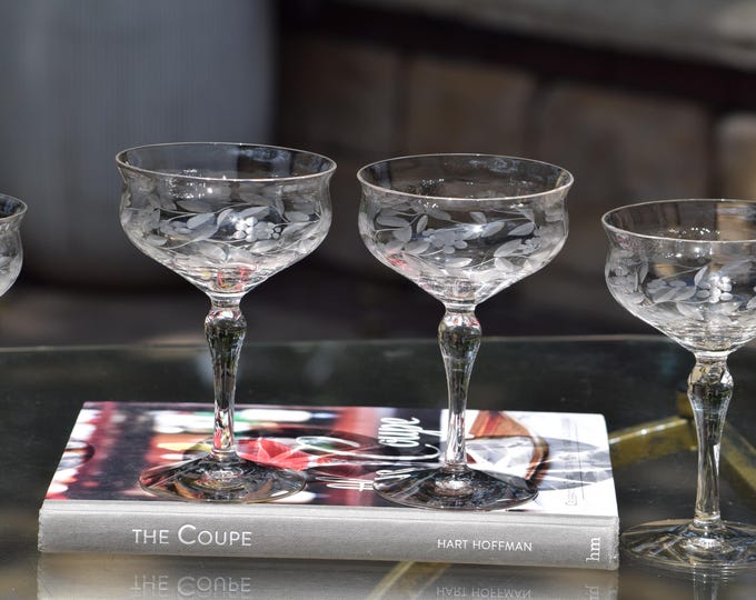 Vintage Etched Nick & Nora Champagne Coupes – 1940s Etched Martini Glasses