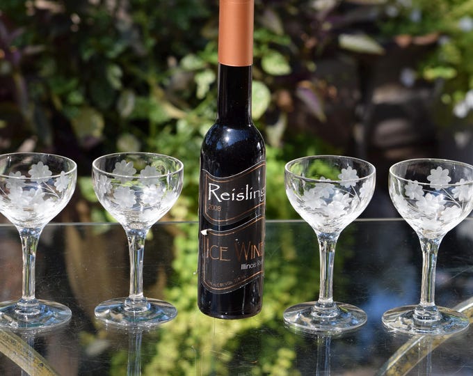LITTLE SIPS! 4 Vintage Etched Liqueur ~ Port Wine Cordials - Glasses, 1950's, 4 oz After Dinner Drinks ~ Limoncello 4 oz Port Wine glasses