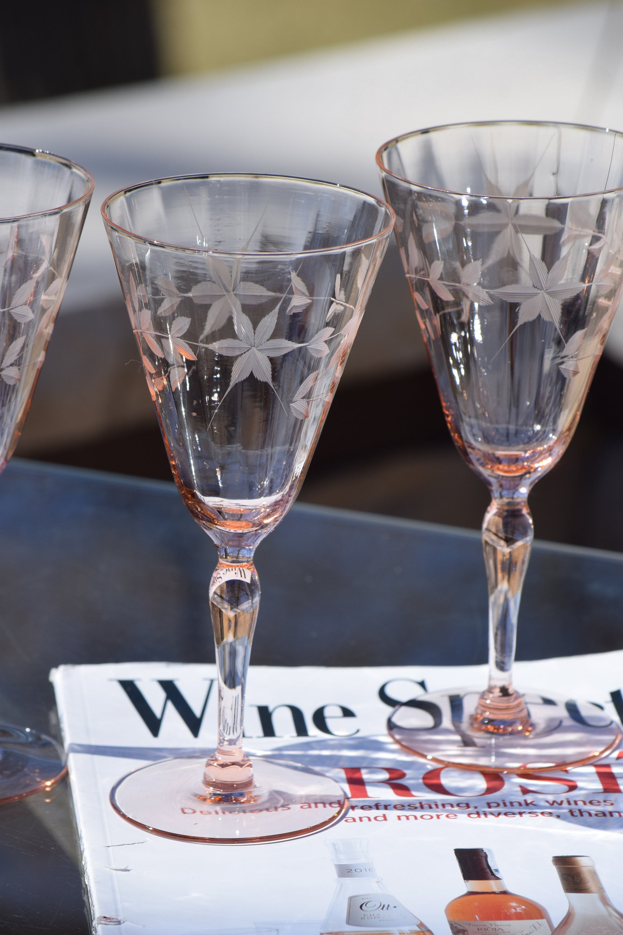 5 Vintage Etched Pink Optic Glass Wine Glasses,1950's, Vintage Pink