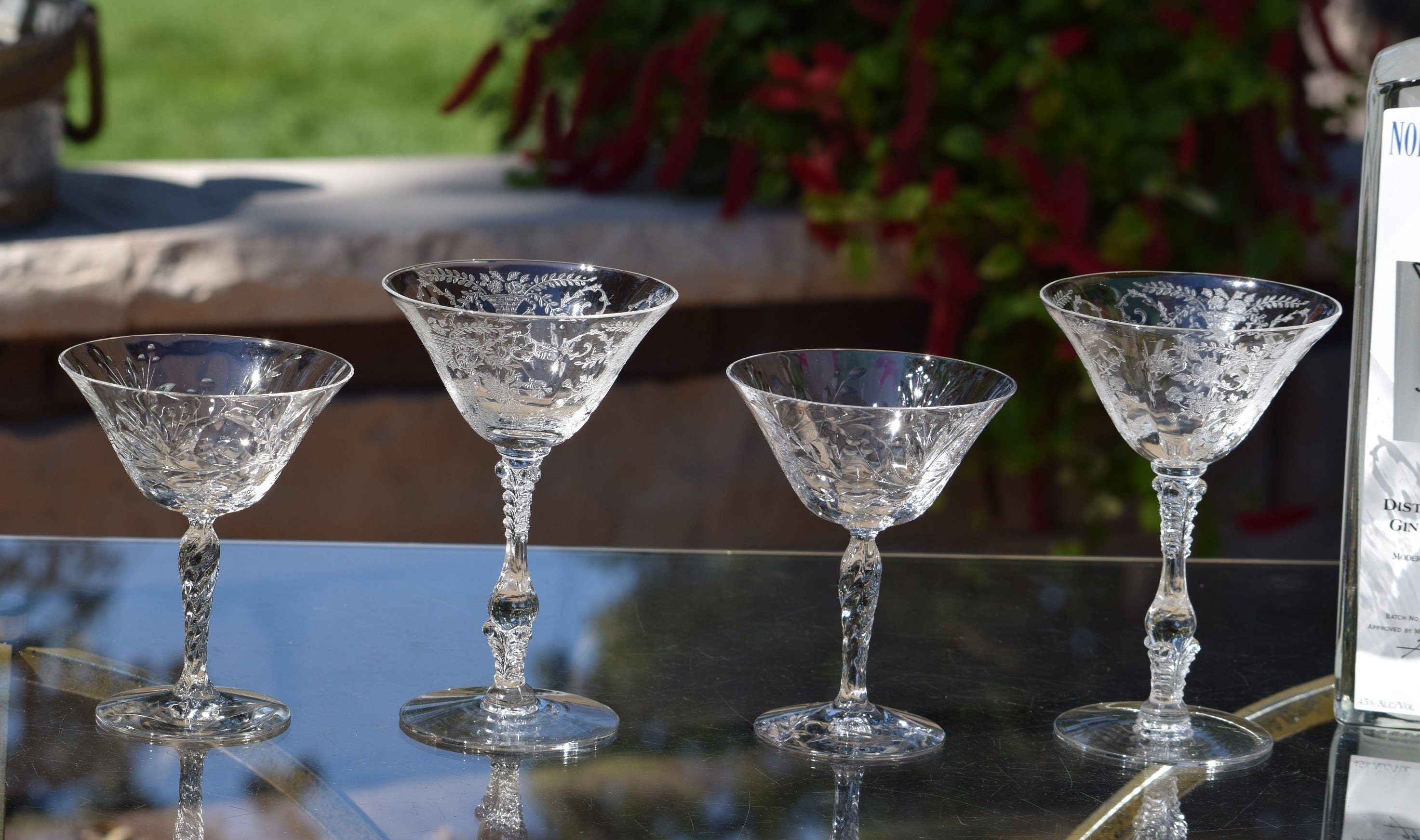 4 Vintage Etched Cocktail Martini Glasses, Set of 4 MisMatched Mixed
