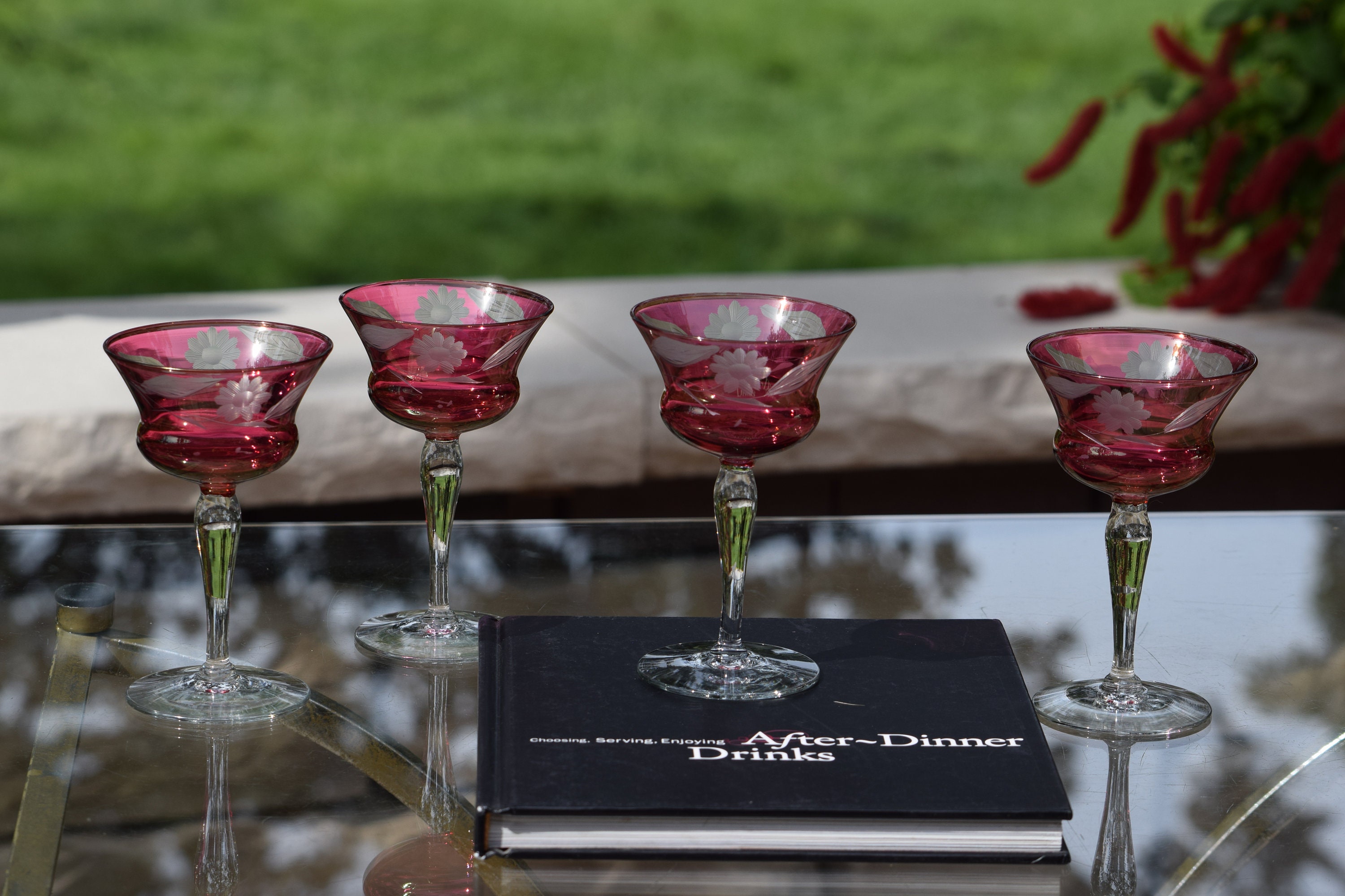 4 Vintage Etched Ruby Red Liqueur - Wine Glasses, circa 1950