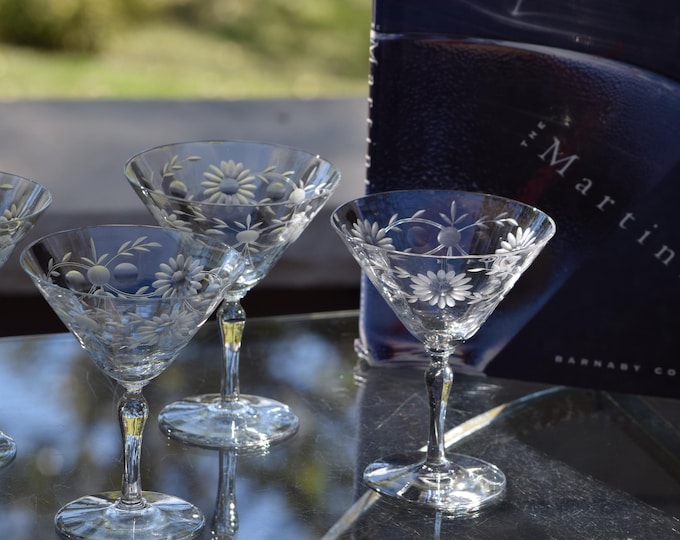 Vintage Etched Floral Cocktail Glasses - 1950s Martini Set of 6