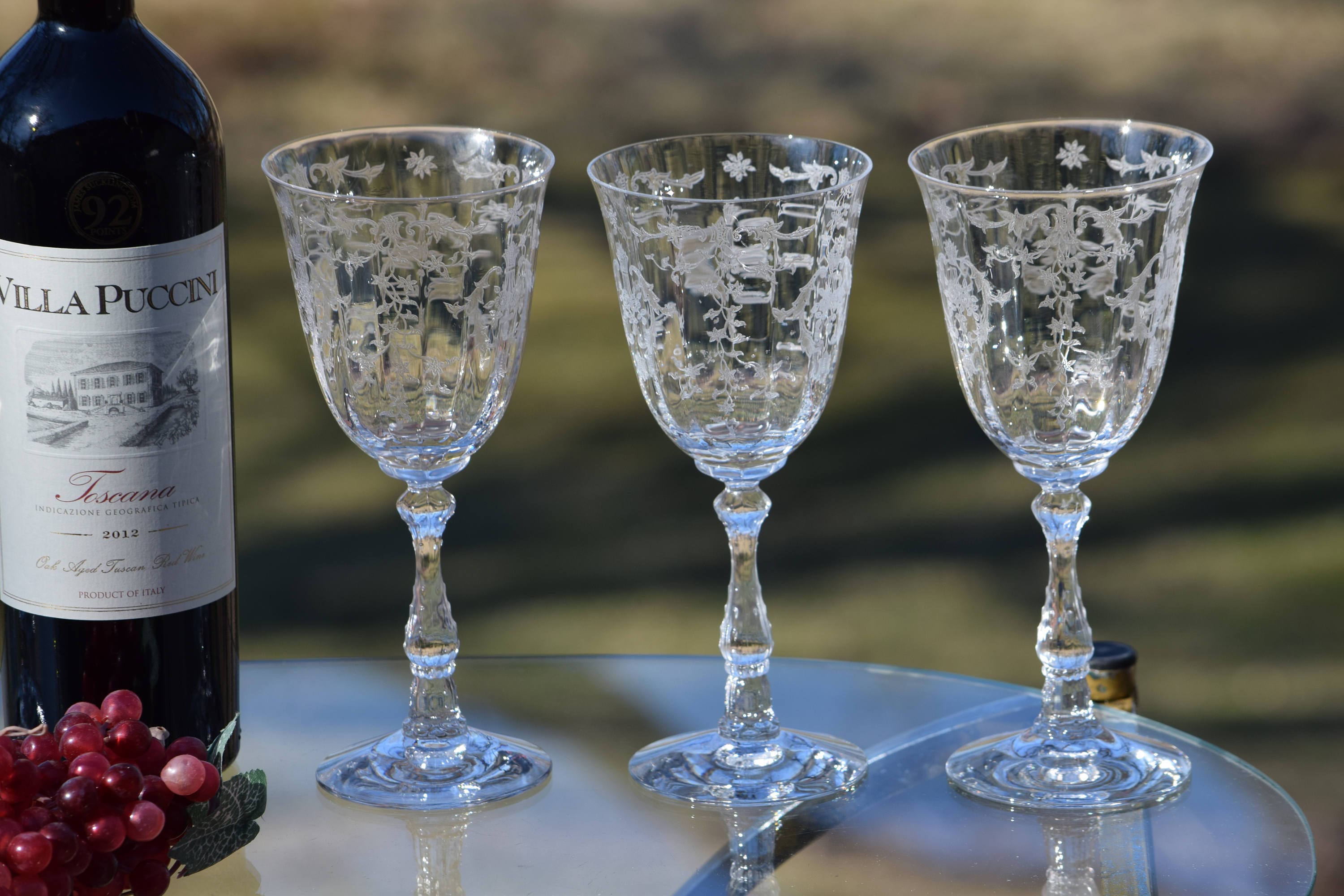 Vintage Wine Glasses. Glassware Ornate Etched Crystal Clear Tall Water