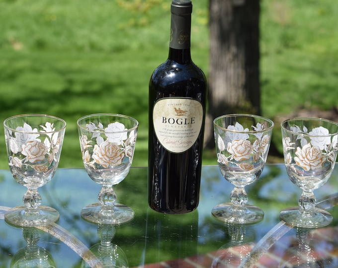 Vintage Gold Rimmed Wine Glasses: Floral Roses, Set of 4