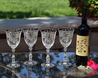 4 Vintage Acid Etched Crystal Wine Glasses, Fostoria ~ Meadow Rose, 1940's,  10 oz Water Goblet ~ Crystal Etched wine glasses