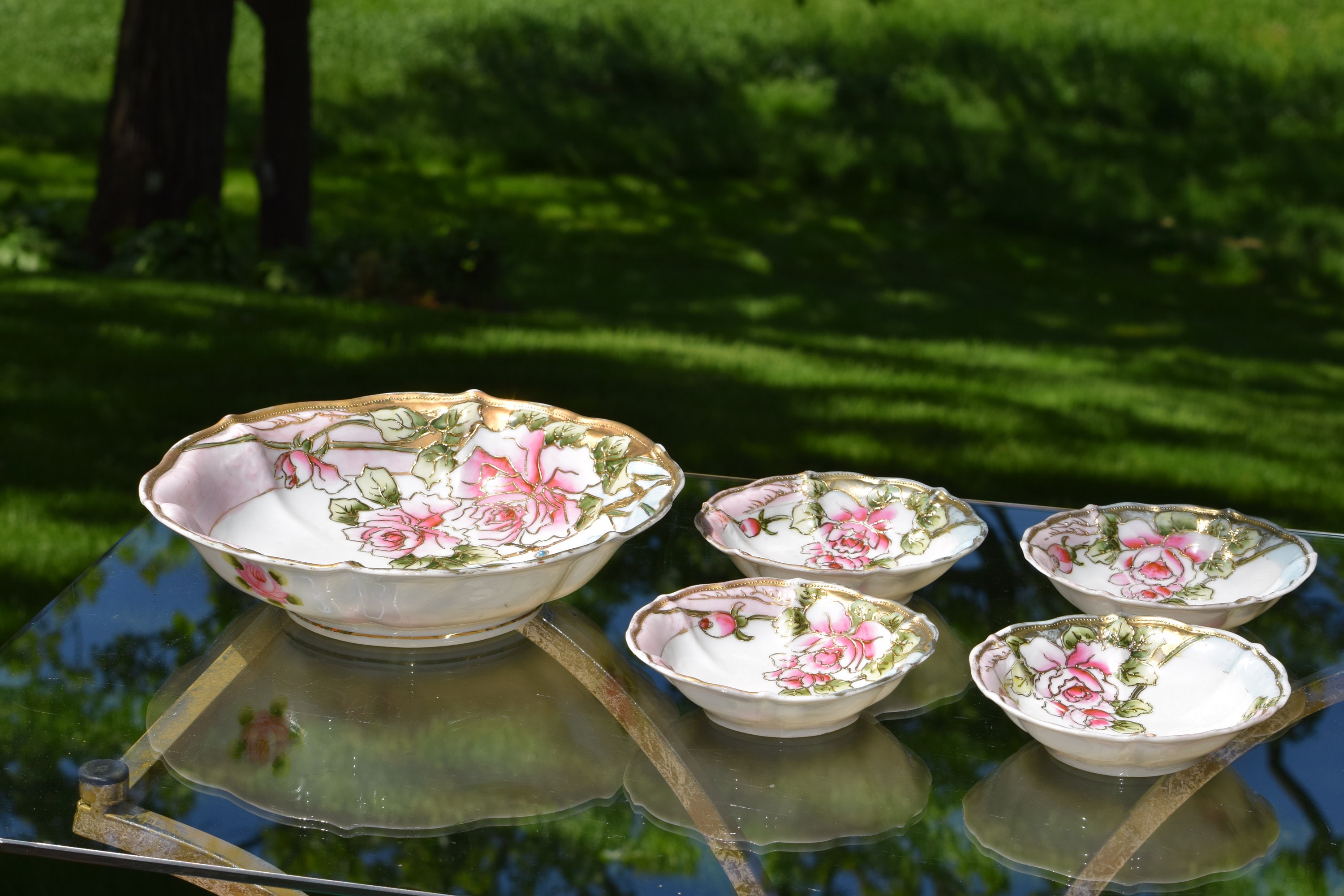 Vintage Porcelain Berry Bowl Set, Hand Painted Japan Porcelain Bowls