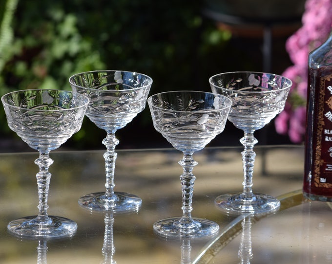 SIP IN STYLE! 4 Vintage Etched Cocktail Glasses, 1950's,  Cocktail Party Glasses, Vintage Martini Glasses, Vintage Glassware