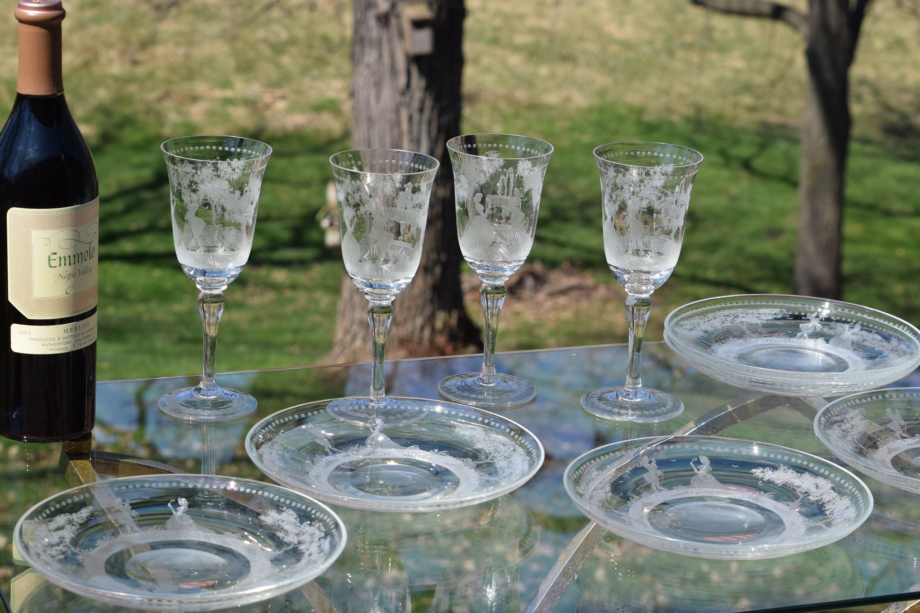 Vintage Etched Crystal Wine Glasses Set of 4, 1920's Etched Scene Woman ...