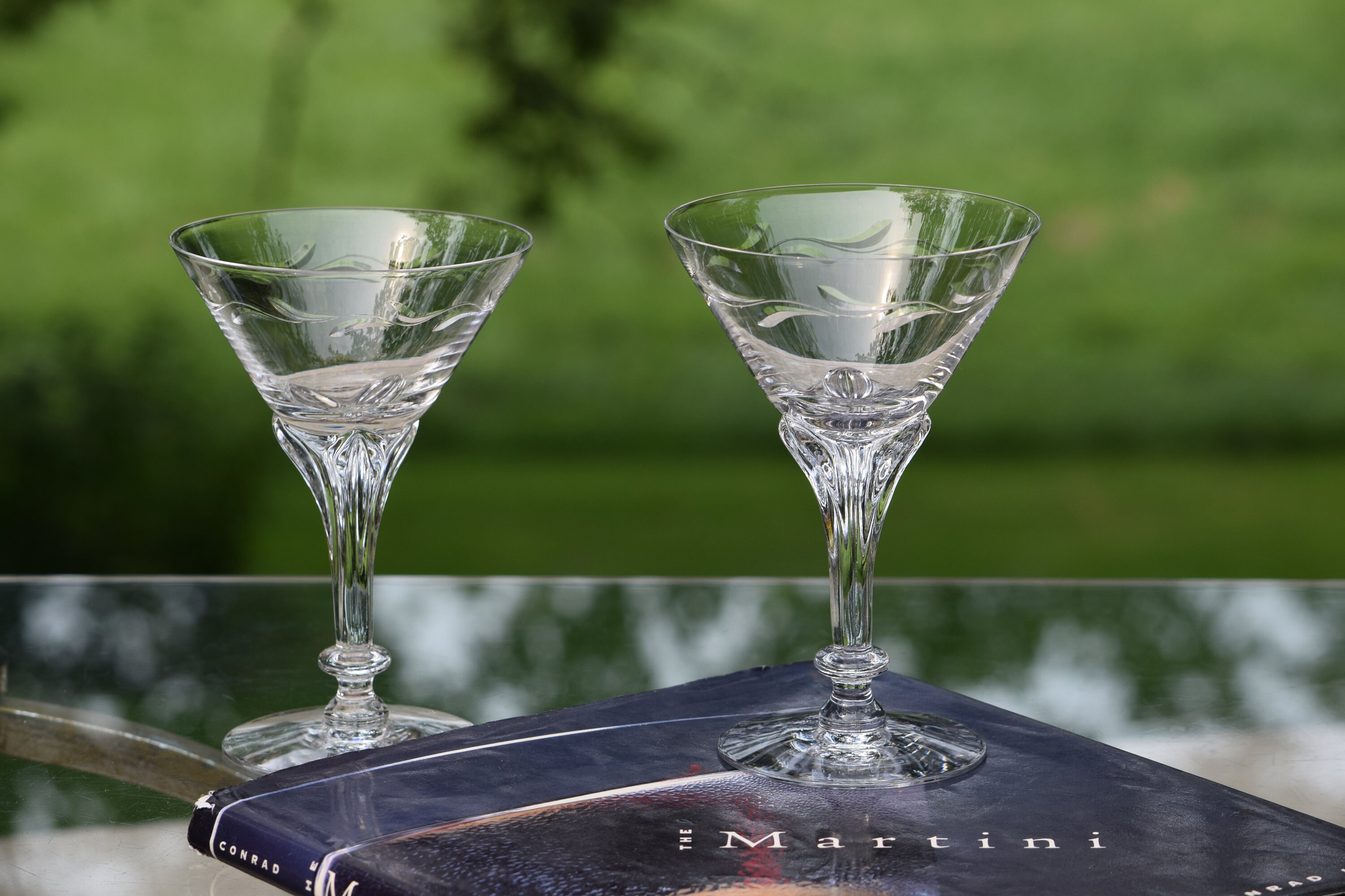 2 Vintage Etched CRYSTAL Cocktail Glasses, Tiffin Franciscan, 1950's