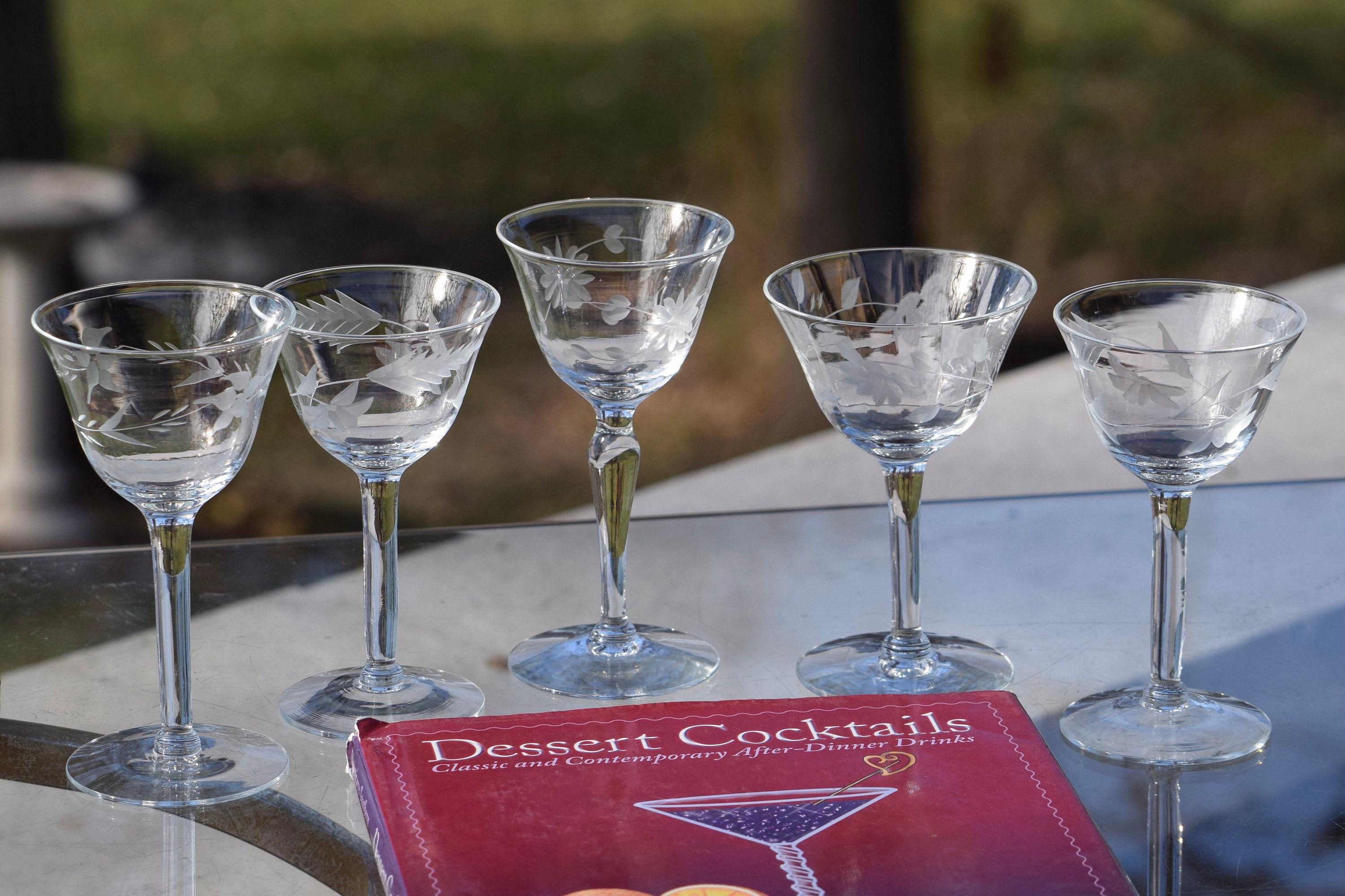 5 Vintage Etched Wine Liquor Glasses, Set of 5 MisMatched 3 oz