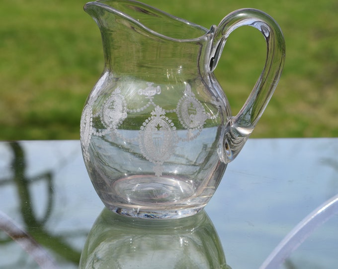 Vintage Acid Etched Glass Cocktail Pitcher, Antique Acid Etched Glass Batch Cocktail Pitcher,  Polished Pontil Antique Pitcher