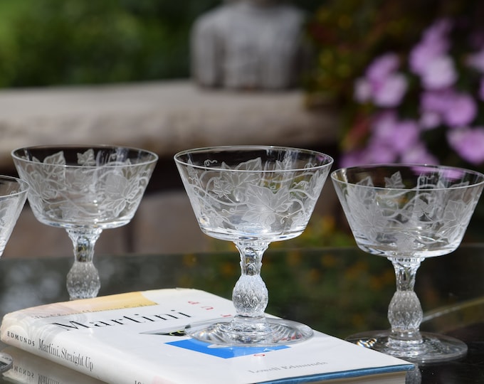 CHEERS to COCKTAILS! 4Vintage Etched Cocktail Glasses ~ Heisey, Plantation, 1950's ~ Champagne Glasses ~ Etched Martini Glasses,  Nick~Nora