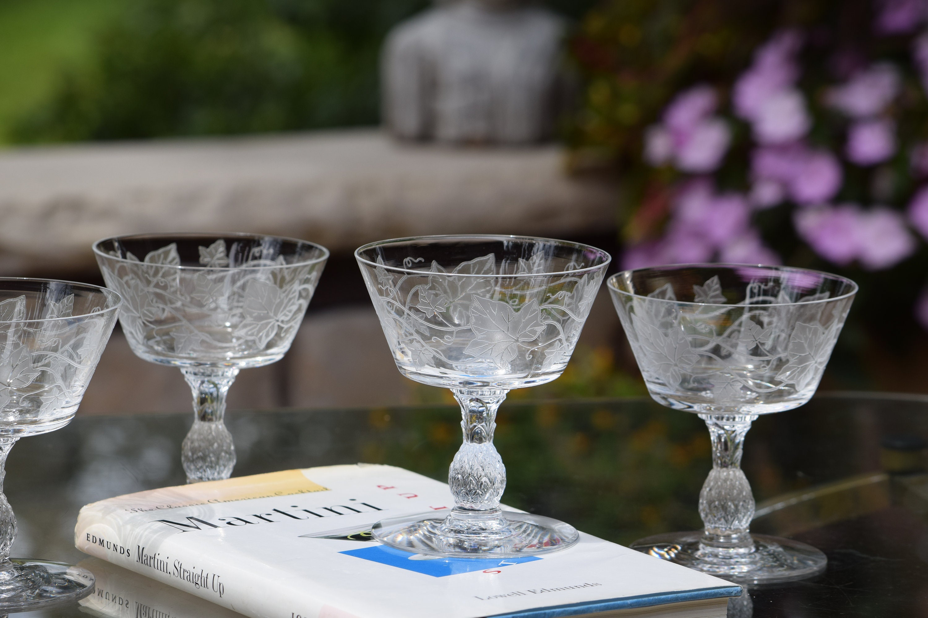 6 Vintage Etched Cocktail Glasses ~ Wine Glasses, 10 oz Cocktail Mimosa  Glasses, Tall Cocktail glasses, Summer Cocktail Glasses