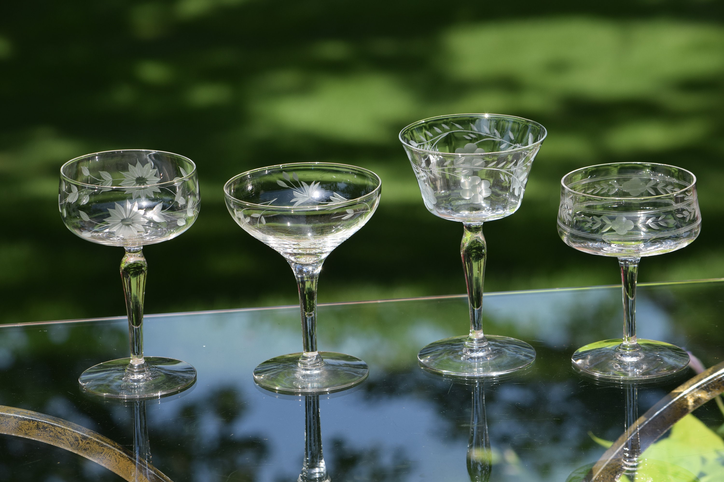 Vintage Etched Cocktail Martini Glasses, Set of 4, Vintage Set of 4