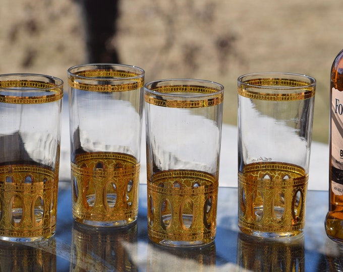 4 Vintage Culver Antigua Highball - Cocktail Glasses, Mid Century Barware, Vintage Scotch Whiskey Bourbon Glasses, 1950's Gold Highballs