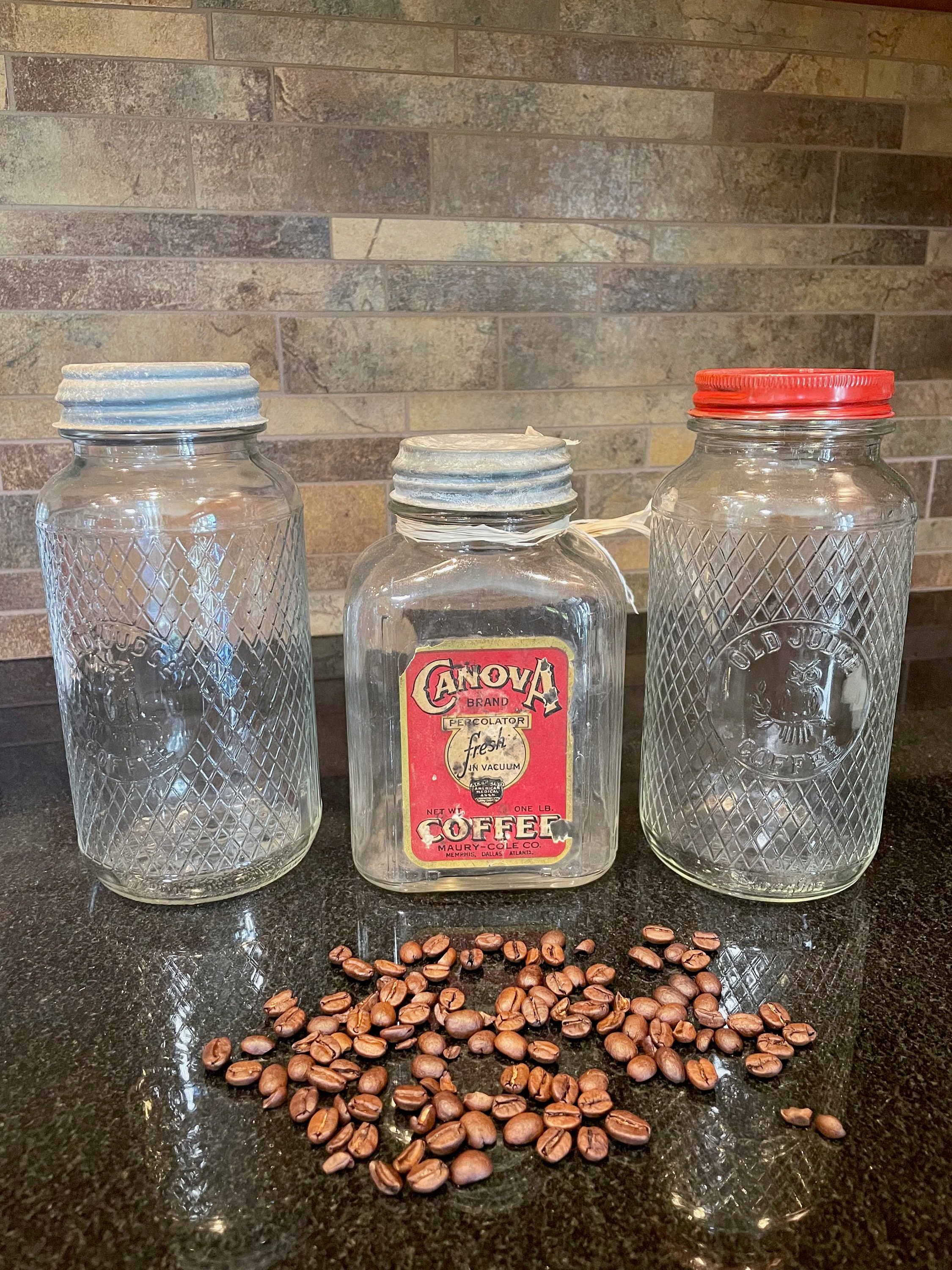 3 Vintage Glass Coffee Jars ~ Canova Coffee Jar ~ Mixed Set of