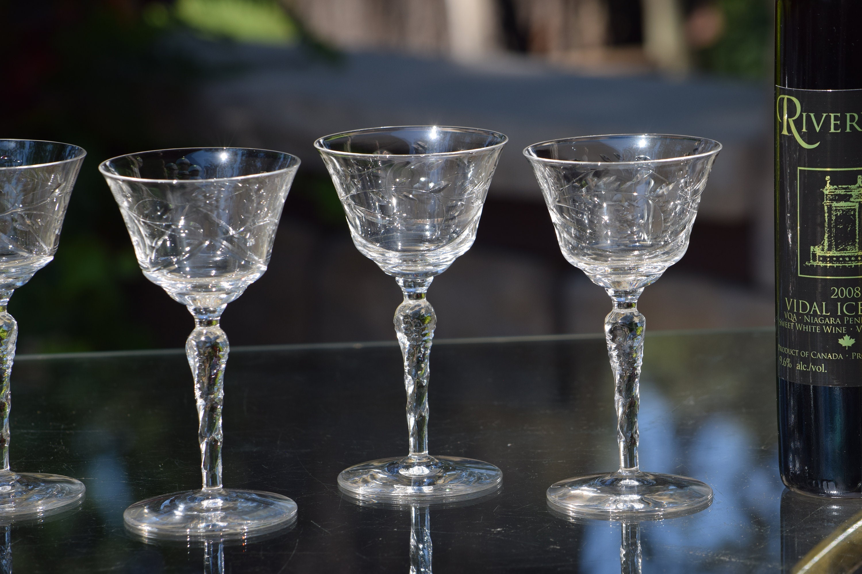 4 Vintage Etched Cocktail Glasses with Antique Pitcher, Bryce