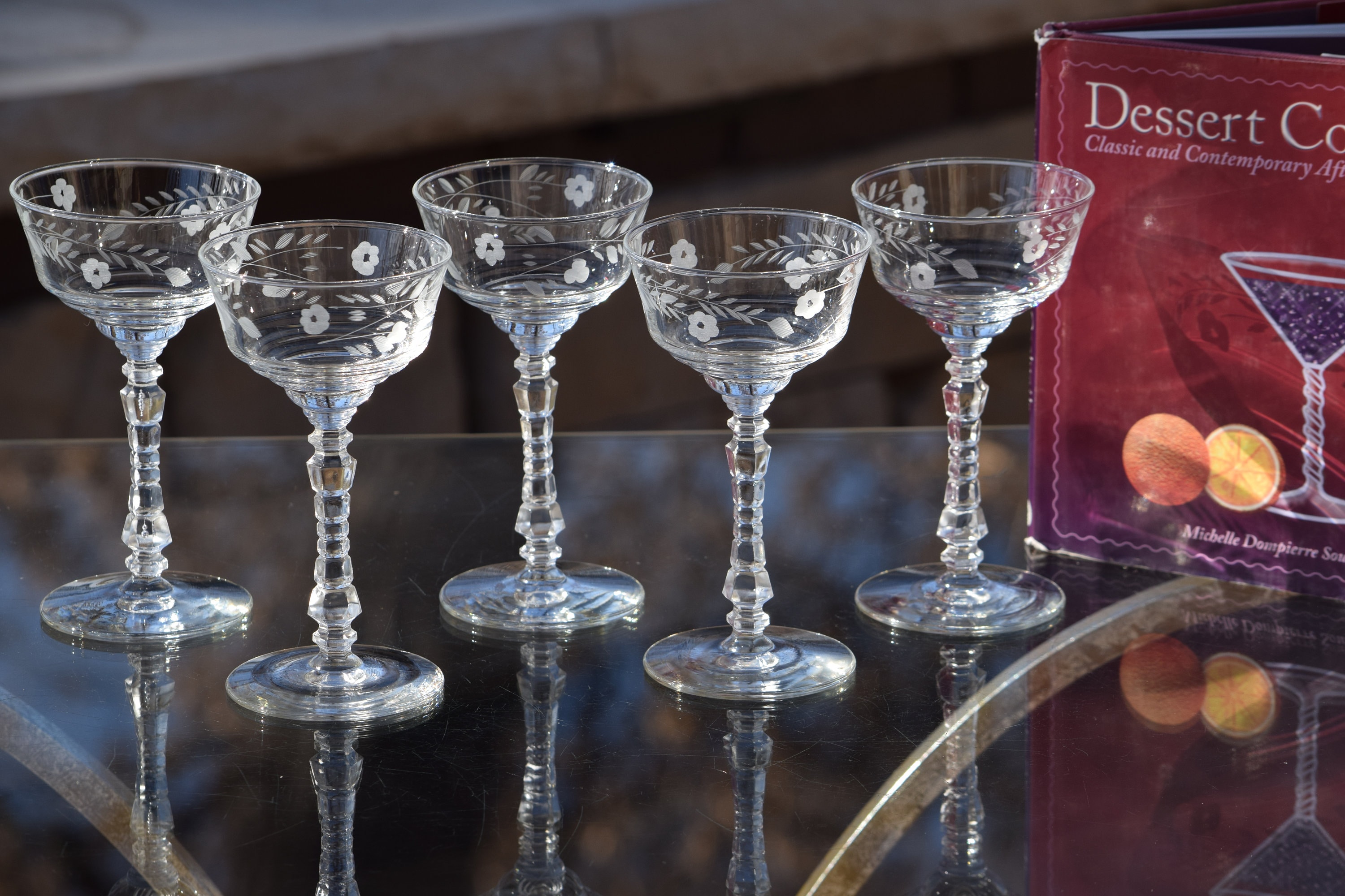 6 Vintage Etched Cocktail Glasses, 1950's, Mixologist Cocktail glasses