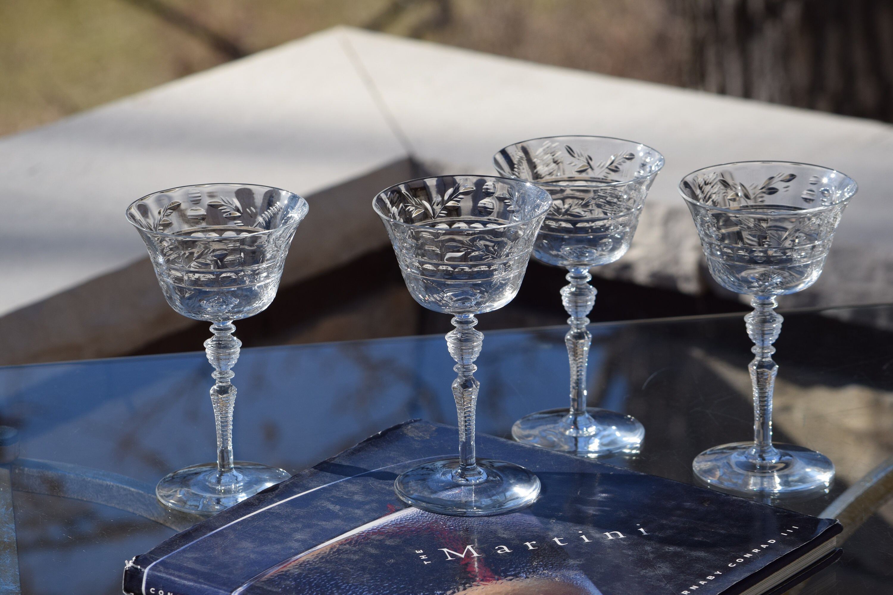 5 Vintage Etched Red Cocktail Glasses, 1950's, Vintage 4 oz Small