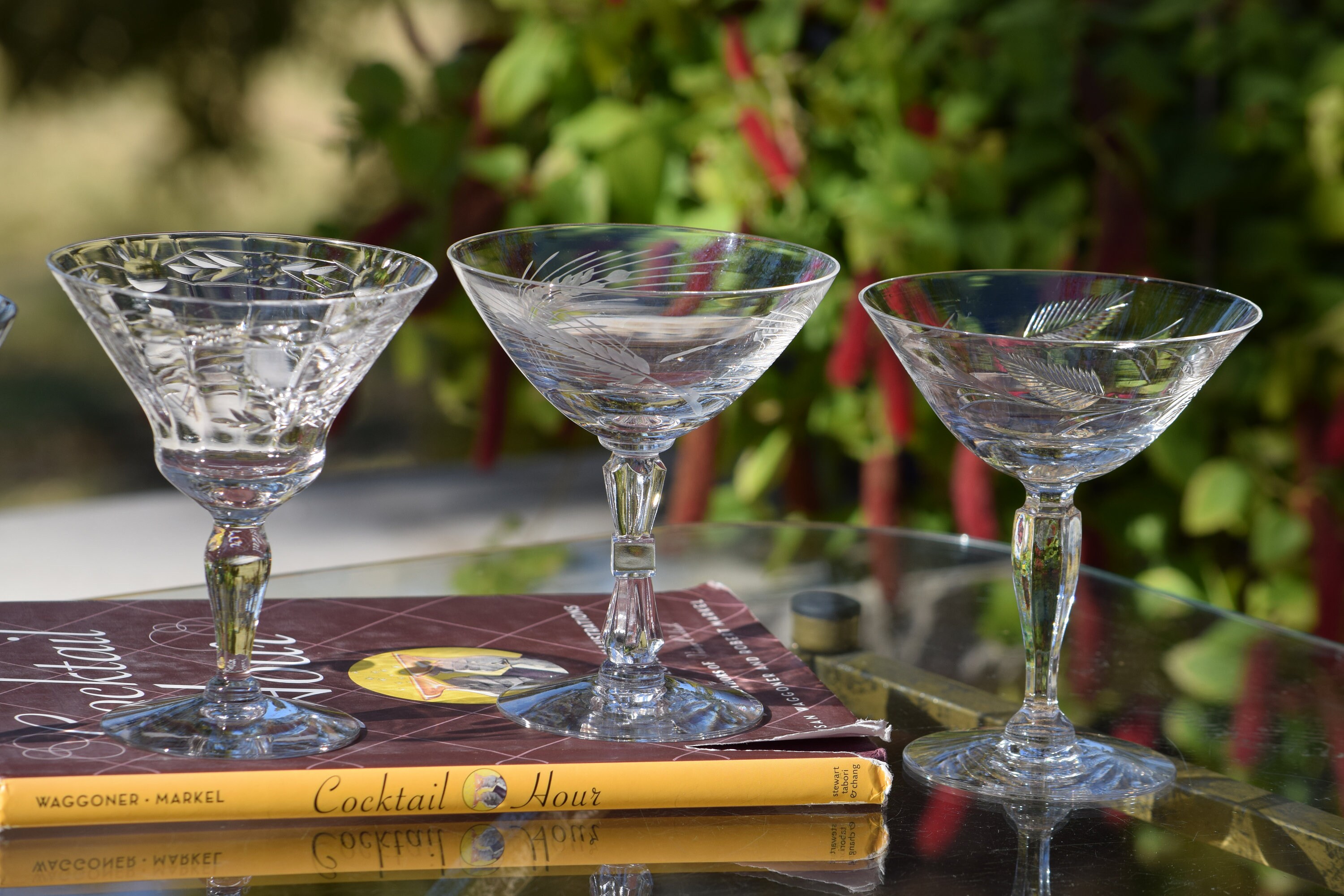 4 Vintage Etched Cocktail Martini Glasses, Set of 4 MisMatched Mixed