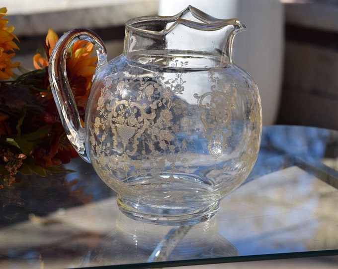 Vintage Gold Encrusted Etched Cocktail Pitcher, Glastonbury Lotus, 1940's, Water Pitcher, Dinner Party Water pitcher, Sangria Cocktails