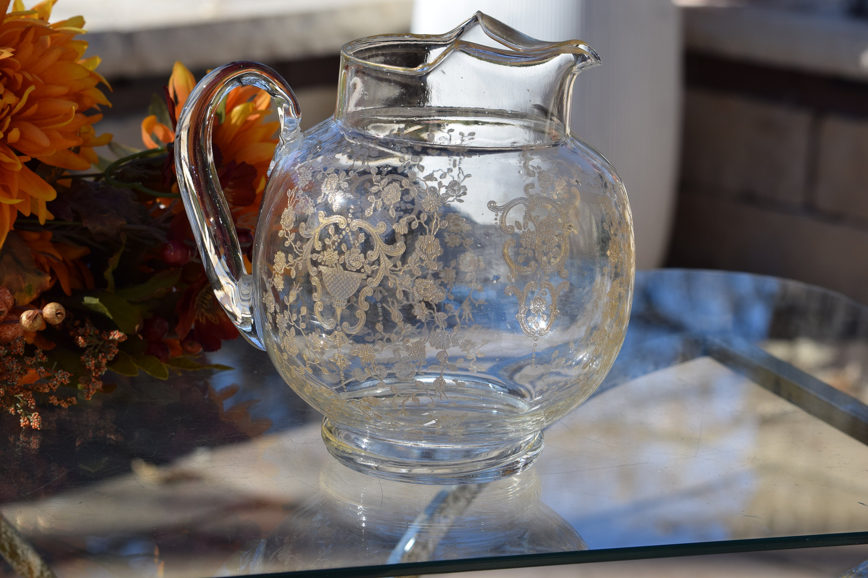 Vintage Gold Encrusted Etched Cocktail Pitcher, Glastonbury Lotus