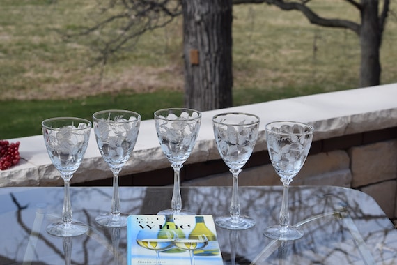 5 Vintage Acid Etched Crystal Water Goblet - Wine Glasses