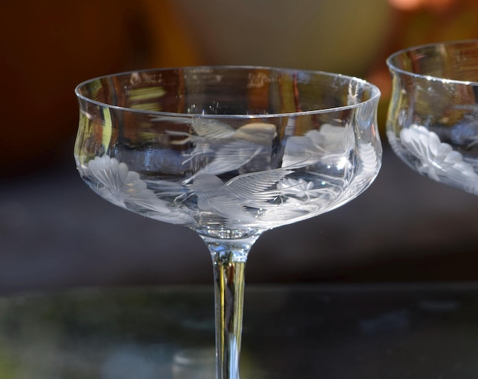 Vintage Etched Crystal Cocktail Glasses ~ Champagne Coupes, Set of 6, Vintage Crystal Stemware
