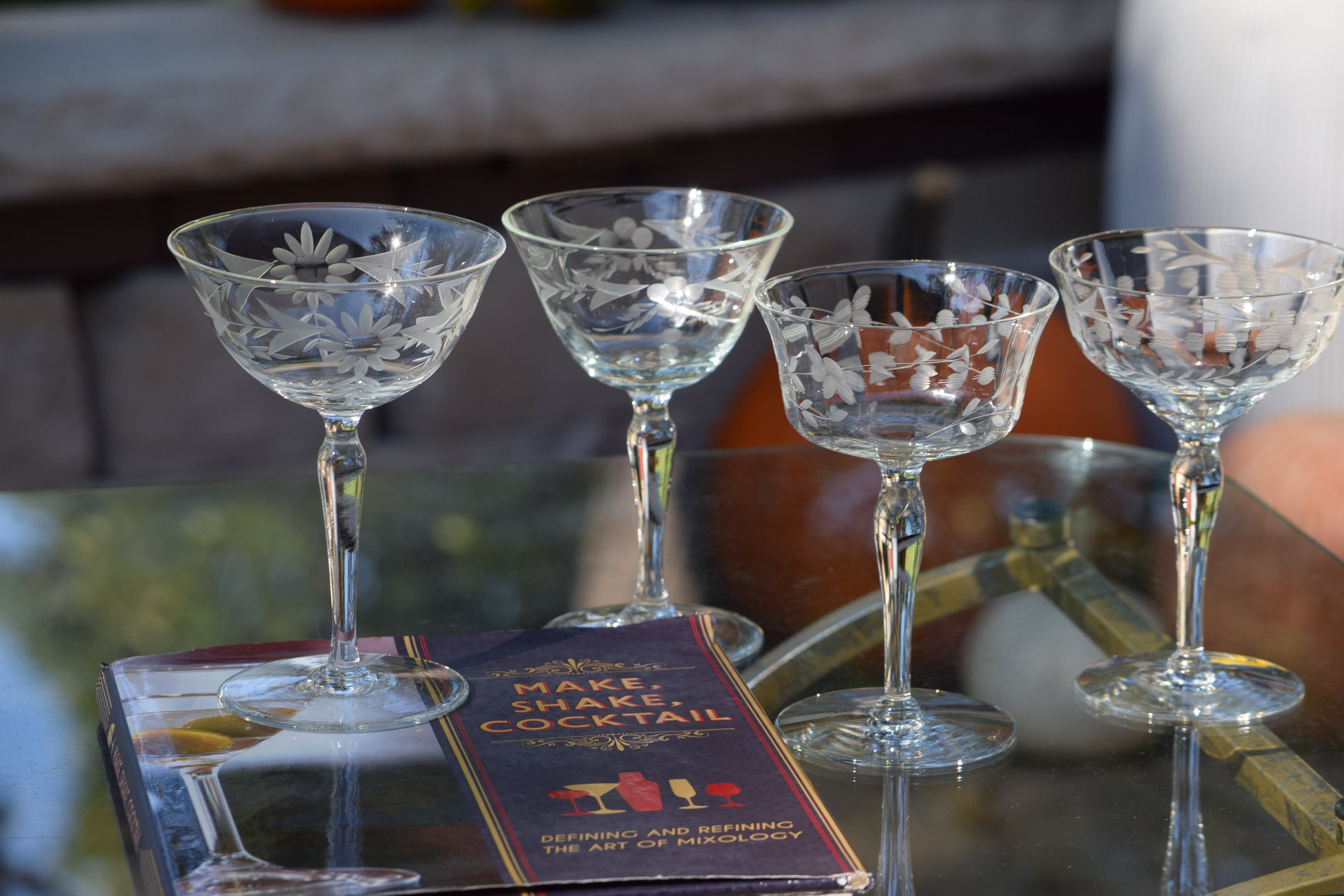 4 Vintage Etched Cocktail Martini Glasses, Set of 4 Mis-Matched - Mixed Cocktail  glasses, Vintage Champagne Glasses ~ Manhattan Glasses