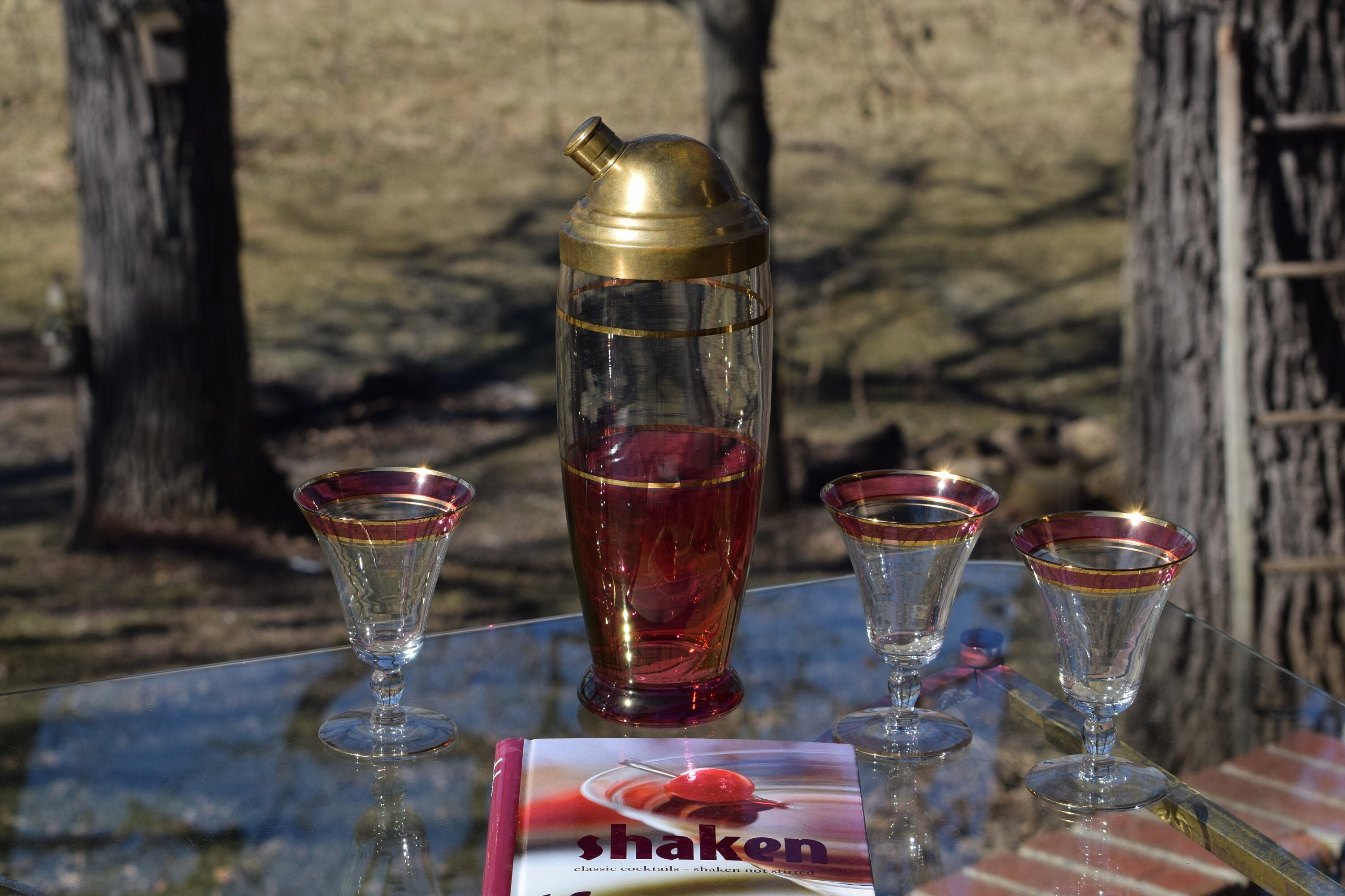 Vintage Mid Century Pink & Gold Martini Cocktail Shaker with Matching