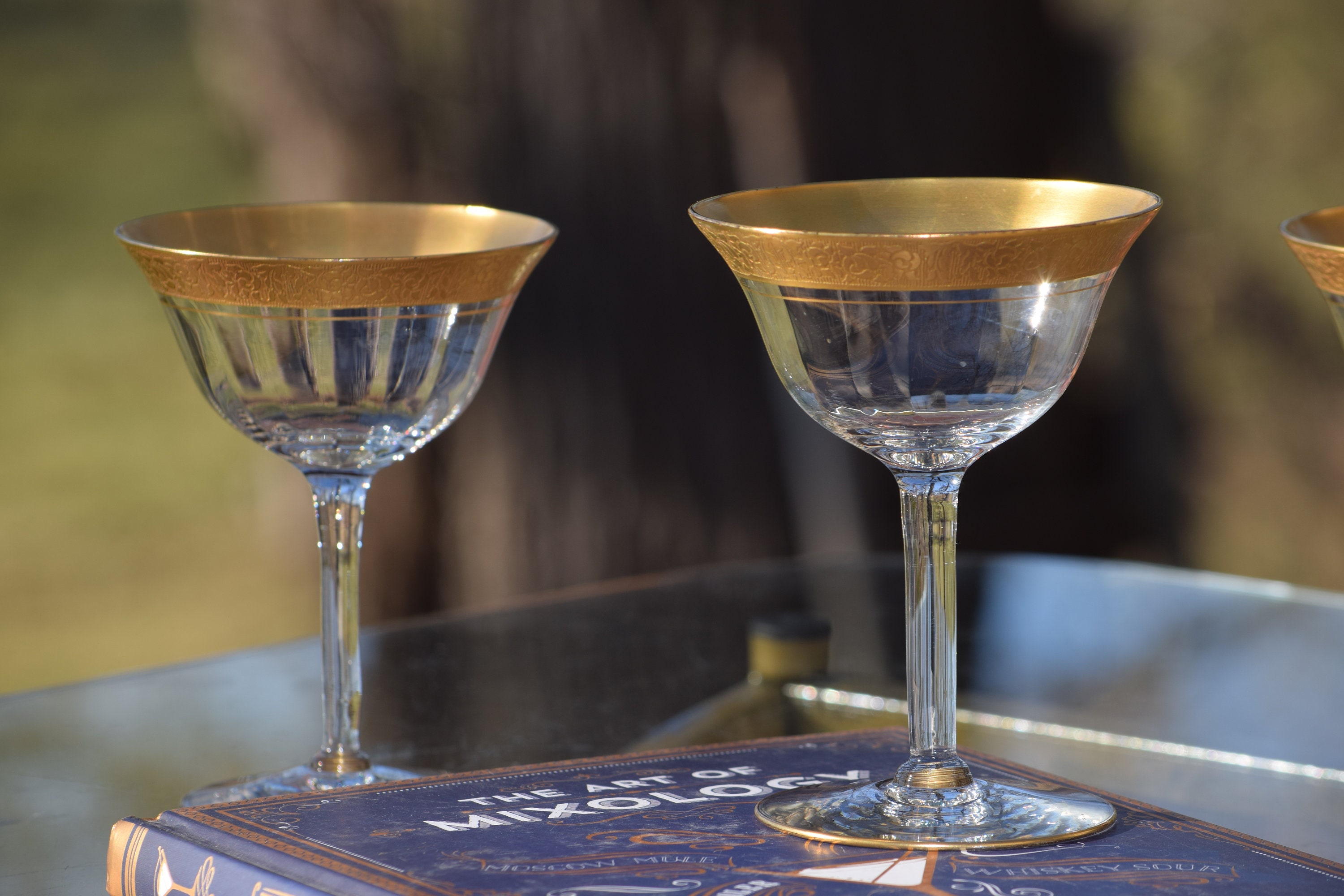Vintage Gold Rimmed Encrusted Cocktail Martini Glasses, Set of 3