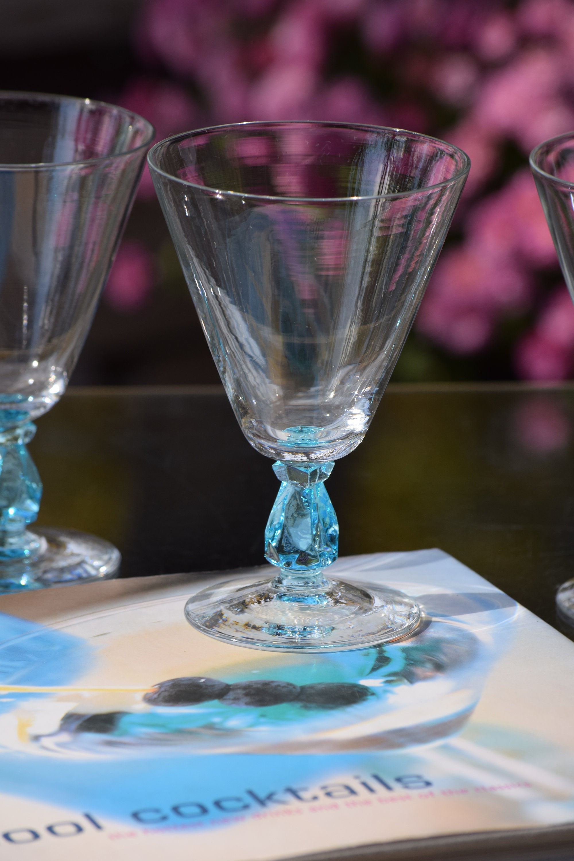 Bryce Cerulean Blue Clear Square Stem Wine Goblets, Vintage Mid