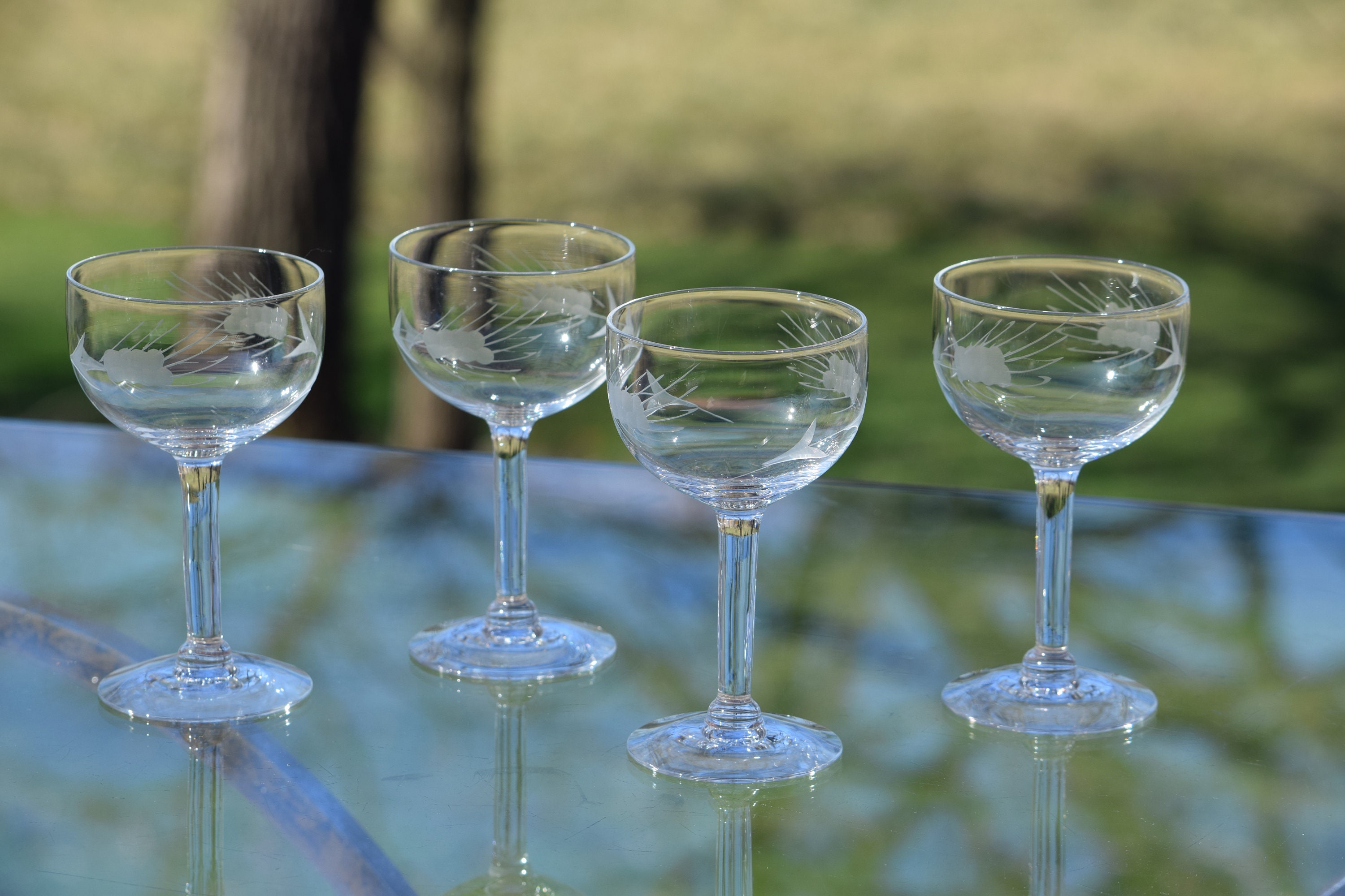 Vintage Etched Wine Glasses, Set of 4, 3 oz After Dinner Drink Glasses