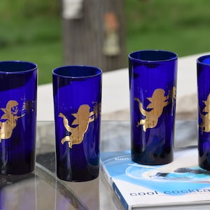 Vintage Culver Highball Glasses: Cobalt Blue, 22k Gold Angels, Set of 4