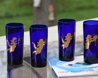 4 Vintage CULVER Angels Celestial 22kt Gold Highball Glasses, Cobalt Blue and 22k Gold Cocktail Glasses, 1980's Culver Cocktail Glasses