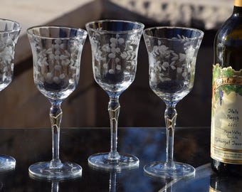 Vintage Etched Floral Wine Glasses, 1950s Stemware, Set of 6