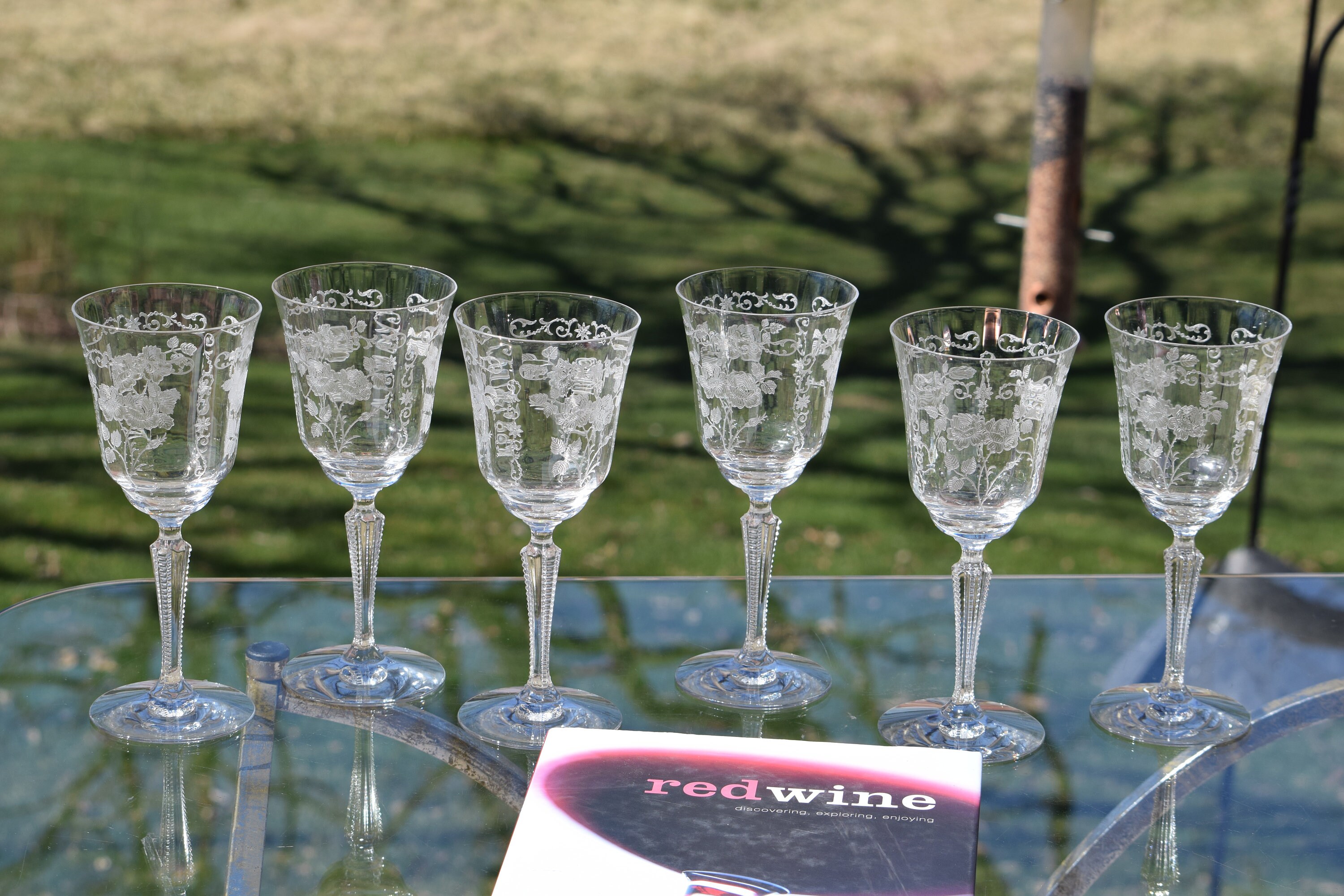 6 Vintage Etched Crystal Wine Glasses, Set of 6, Fostoria, Midnight Rose, circa 1933, Vintage