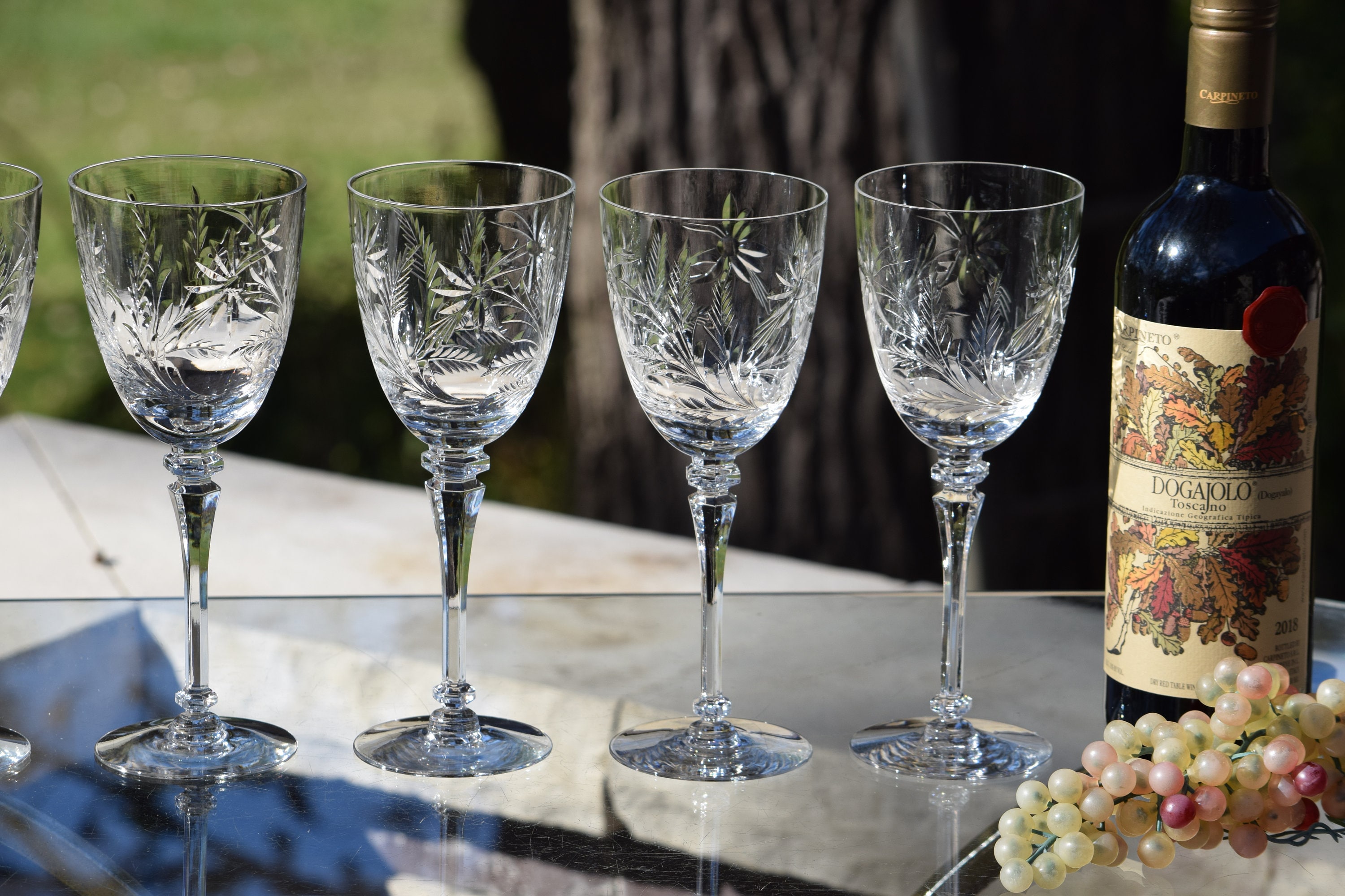 5 Vintage Etched CRYSTAL Wine Glasses, Tiffin Franciscan, 1950's