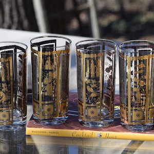 4 Vintage Culver 22k Gold Cocktail Highball Glasses, 1970&#39;s,  Culver Cocktail Glasses,  Whiskey Bourbon Glasses Hollywood Regency