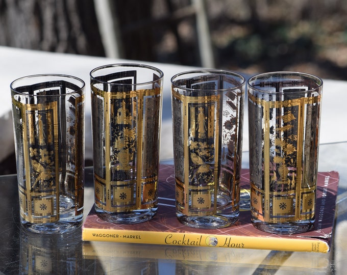 4 Vintage Culver 22k Gold Cocktail Highball Glasses, 1970's,  Culver Cocktail Glasses,  Whiskey Bourbon Glasses Hollywood Regency