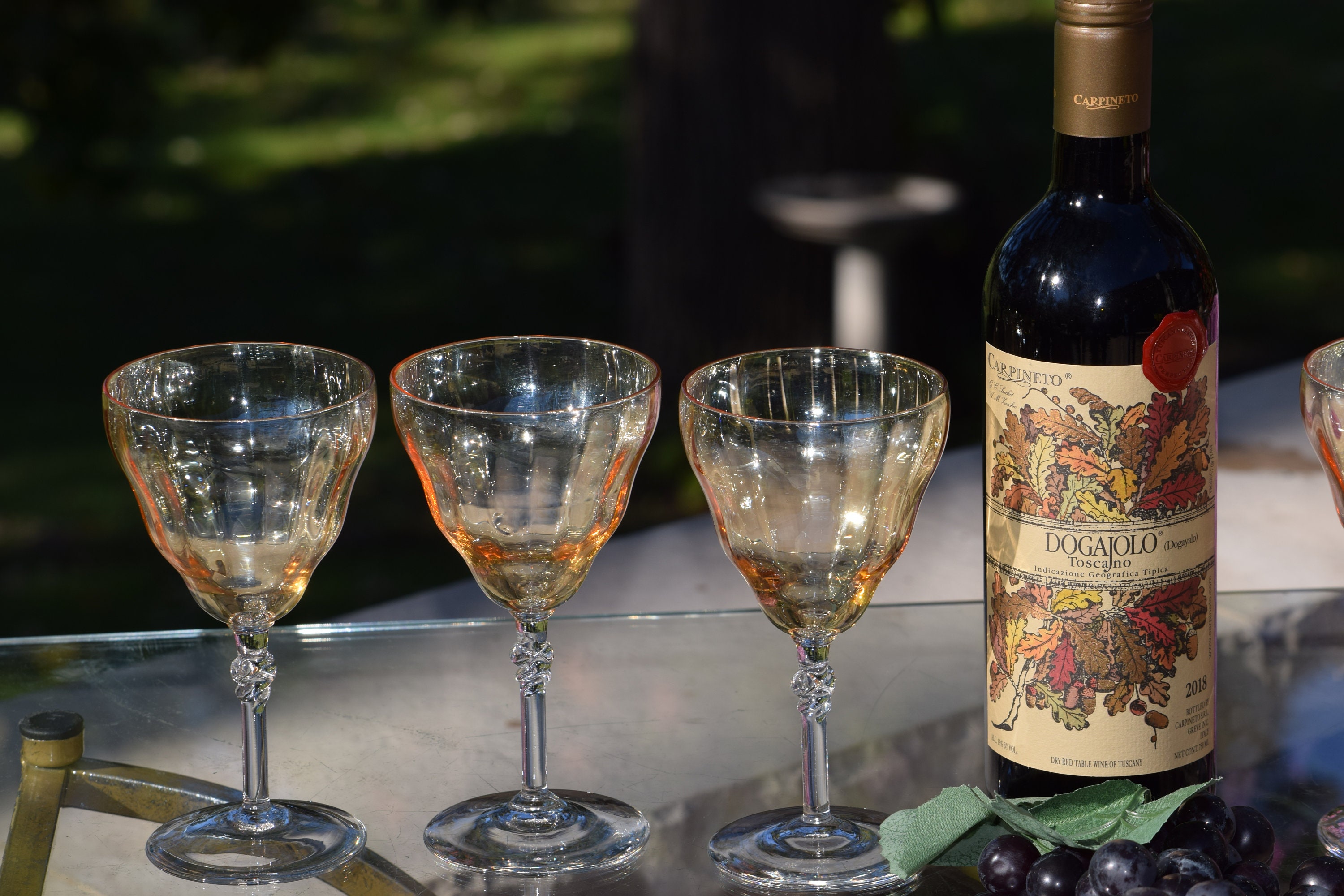 5 Vintage Iridescent Amber Wine Glasses, Bryce, 1940's, Unique Amber