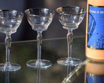 SMALL SIPS? 4 Vintage Platinum ~ Chrome Liqueur Port Wine Glasses, 1950's, Silver Striped, After Dinner Drink 3 oz Mini Martini cocktails