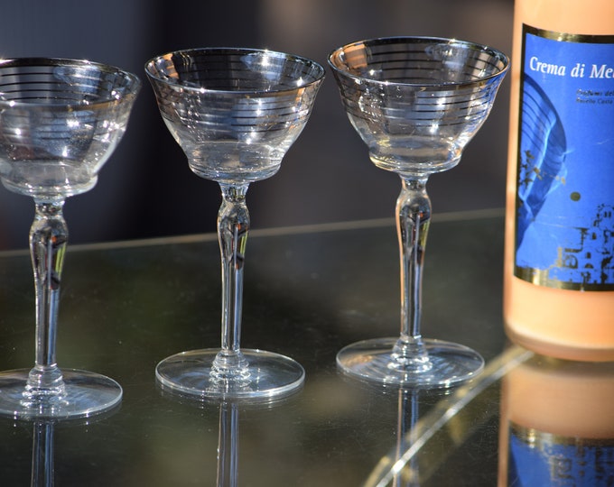 4 Vintage Platinum Liqueur - Port Wine Glasses, 1950's, Silver Striped, After Dinner Drink 3 oz Cocktails, Small 3 oz Liqueur glasses