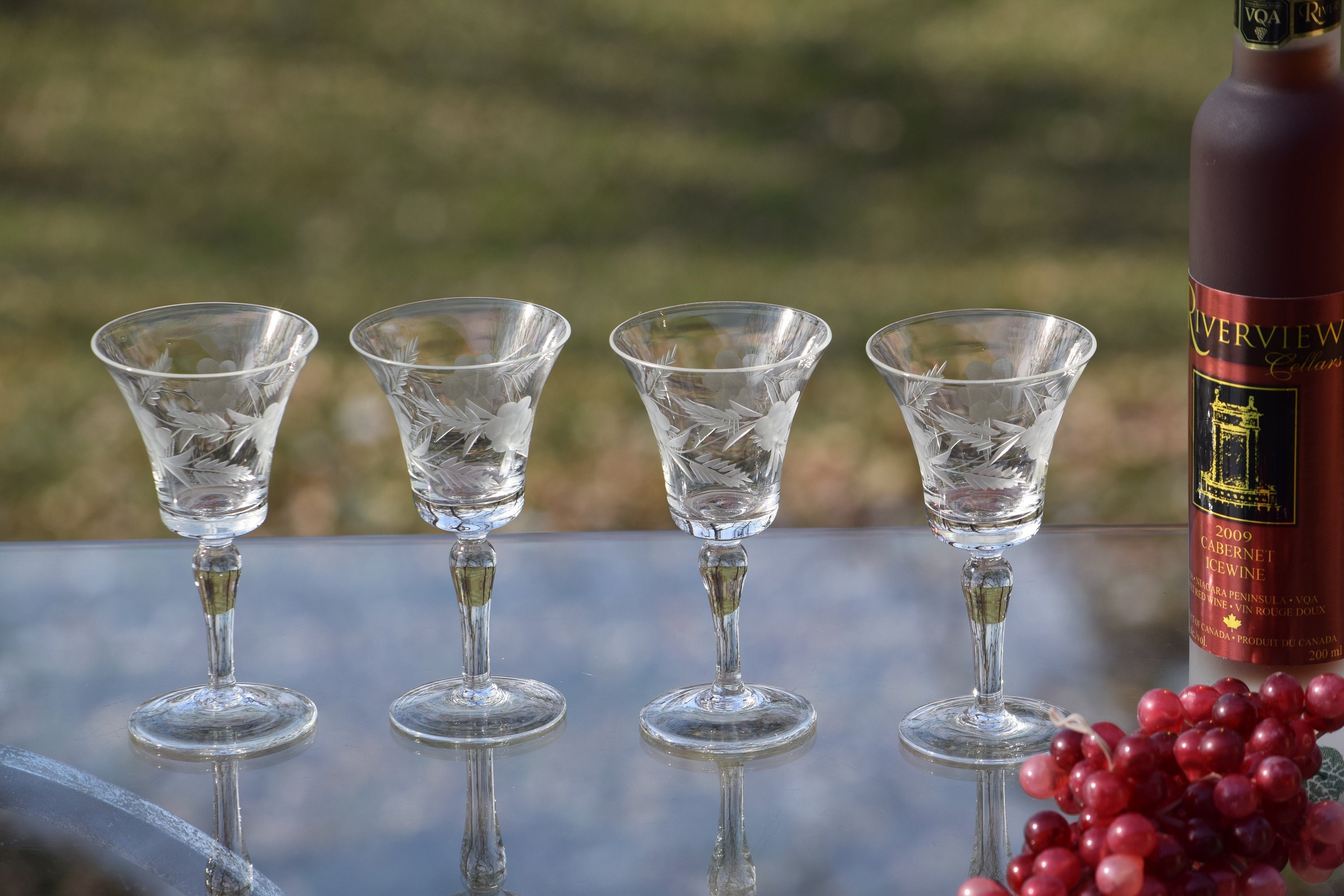 Vintage Etched Wine Cordials Glasses, Set of 4, circa 1950, 2 oz