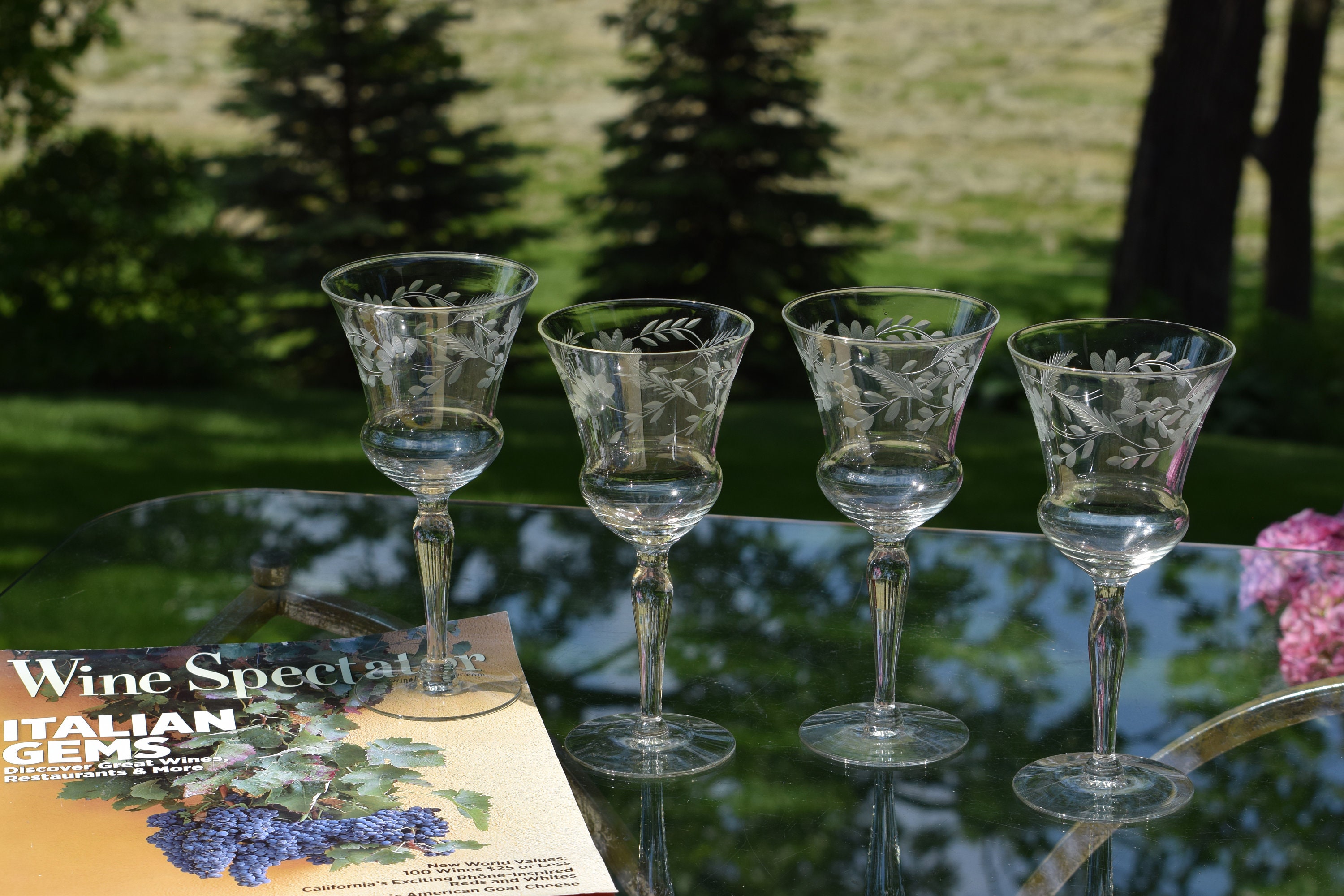 Vintage Set of 4 Clear Floral Etched Toasting Wine Glasses Tall Cut Stems —  RetroModernCo