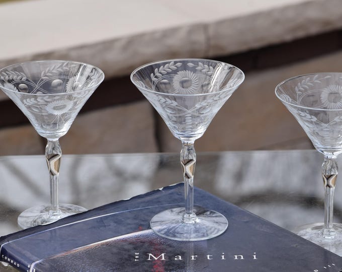 Vintage Etched Cocktail Glasses: 1950s Retro Mid Century Martini Glasses, Set of 4